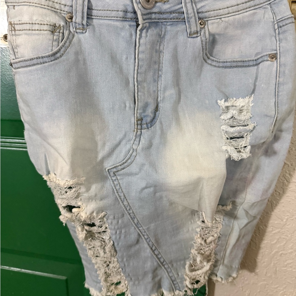 Distressed Denim Midi Skirt
